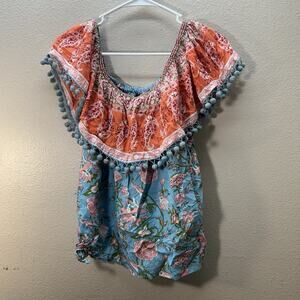 Saks Fifth Avenue‎ Womens Off Shoulder Short Sleeve Top Floral Boho Peasant SZ M